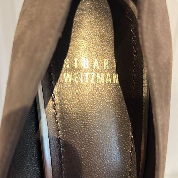 Stuart Weitzman Taupe Suede Platform Block Heel Slip On Shoes Size 9.5 - Picture 9 of 13